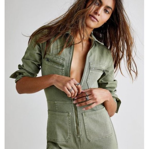 Free People Pants - Free People Lennox Zipper Front Stretch Point Collar Long Sleeve Denim Jumpsuit